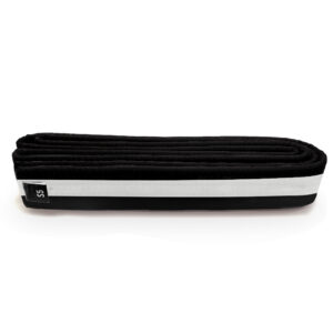 An image of a single wrap black belt with a white stripe